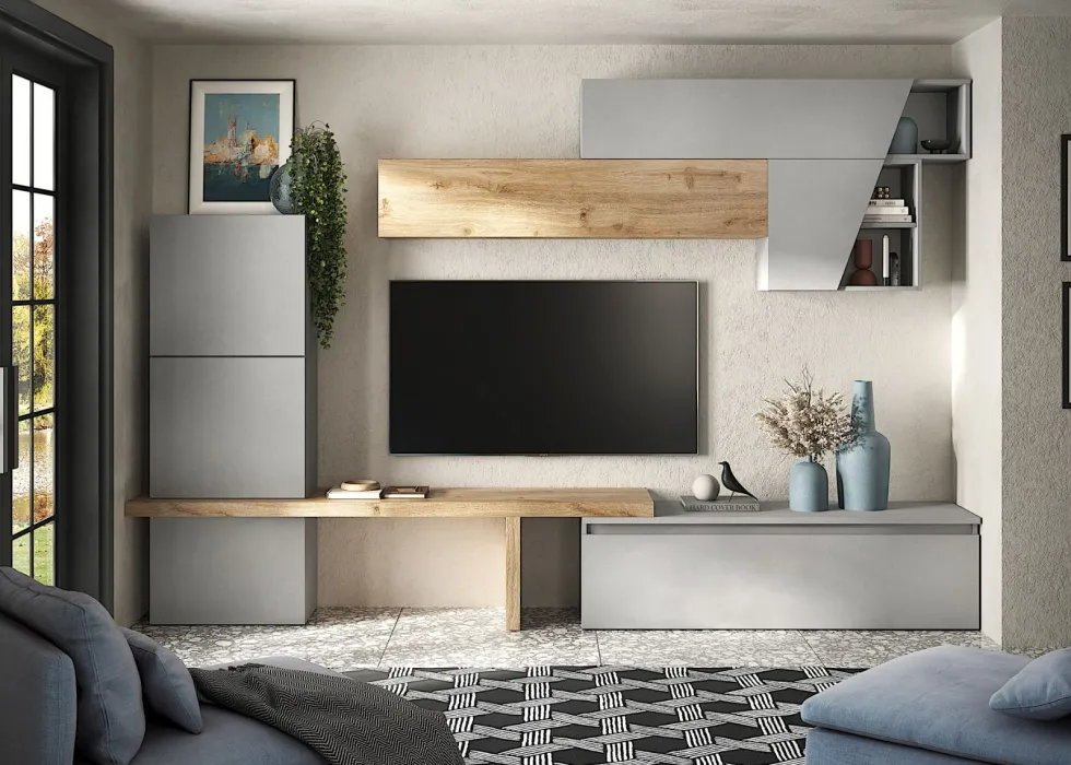 Parete attrezzata elegante 305x210 cm rovere e grigio chiaro PAL71