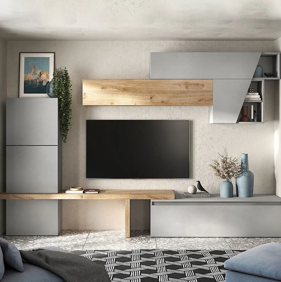 Parete attrezzata elegante 305x210 cm rovere e grigio chiaro PAL71