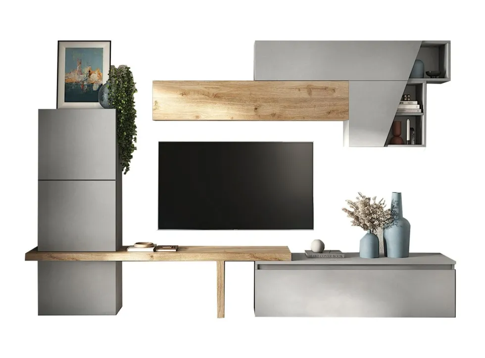 Parete attrezzata elegante 305x210 cm rovere e grigio chiaro PAL71