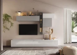 Parete attrezzata elegante 276x200 cm grigio/bianco lucido/grigio chiaro PAL37