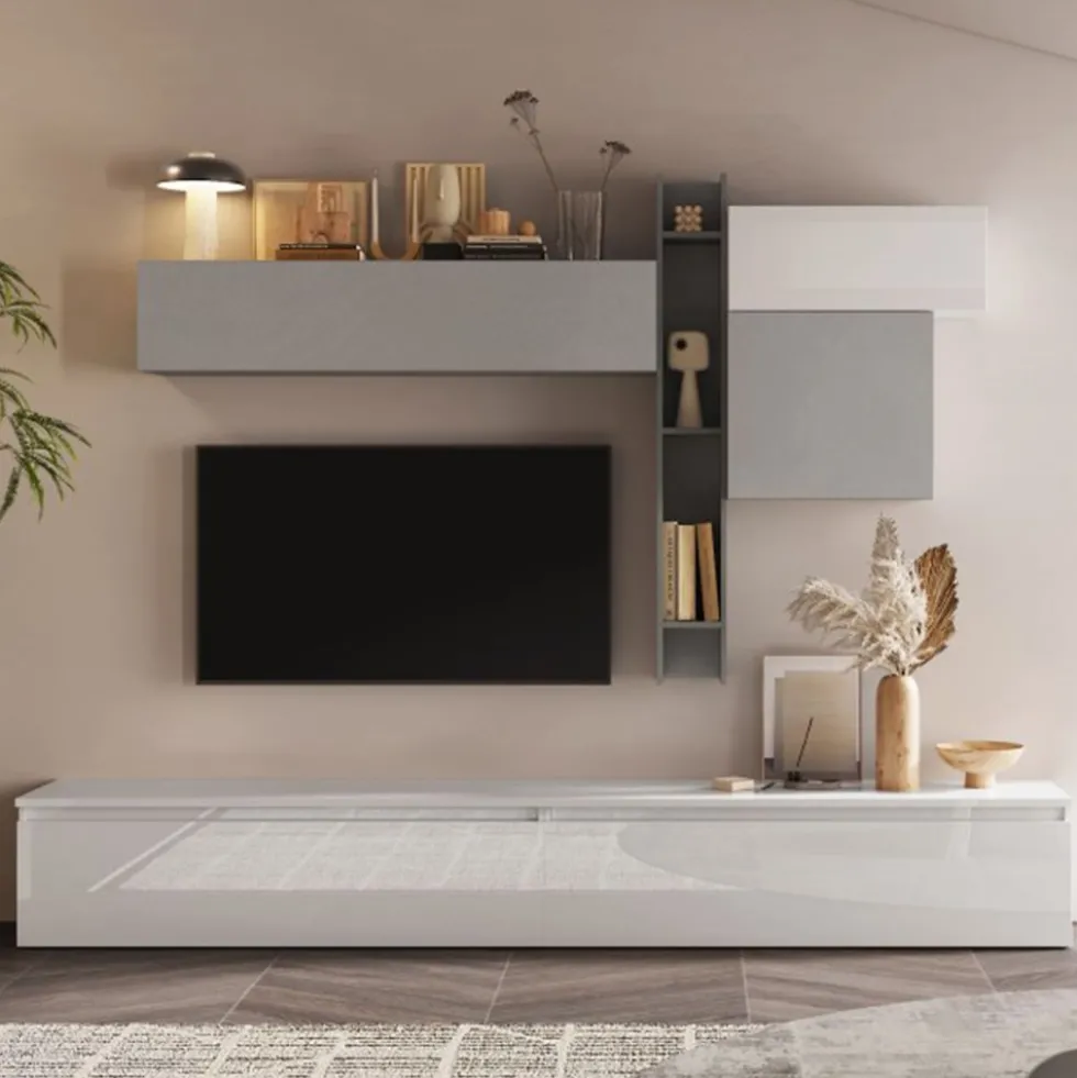 Parete attrezzata elegante 276x200 cm grigio/bianco lucido/grigio chiaro PAL37