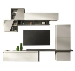 Parete attrezzata elegante 280x202 cm bianco lucido, grigio chiaro e piombo PAL64