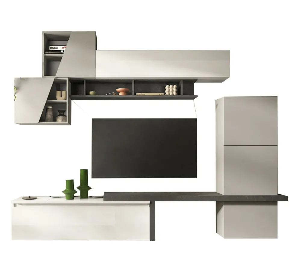 Parete attrezzata elegante 280x202 cm bianco lucido, grigio chiaro e piombo PAL64