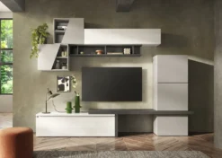 Parete attrezzata elegante 280x202 cm bianco lucido, grigio chiaro e piombo PAL64