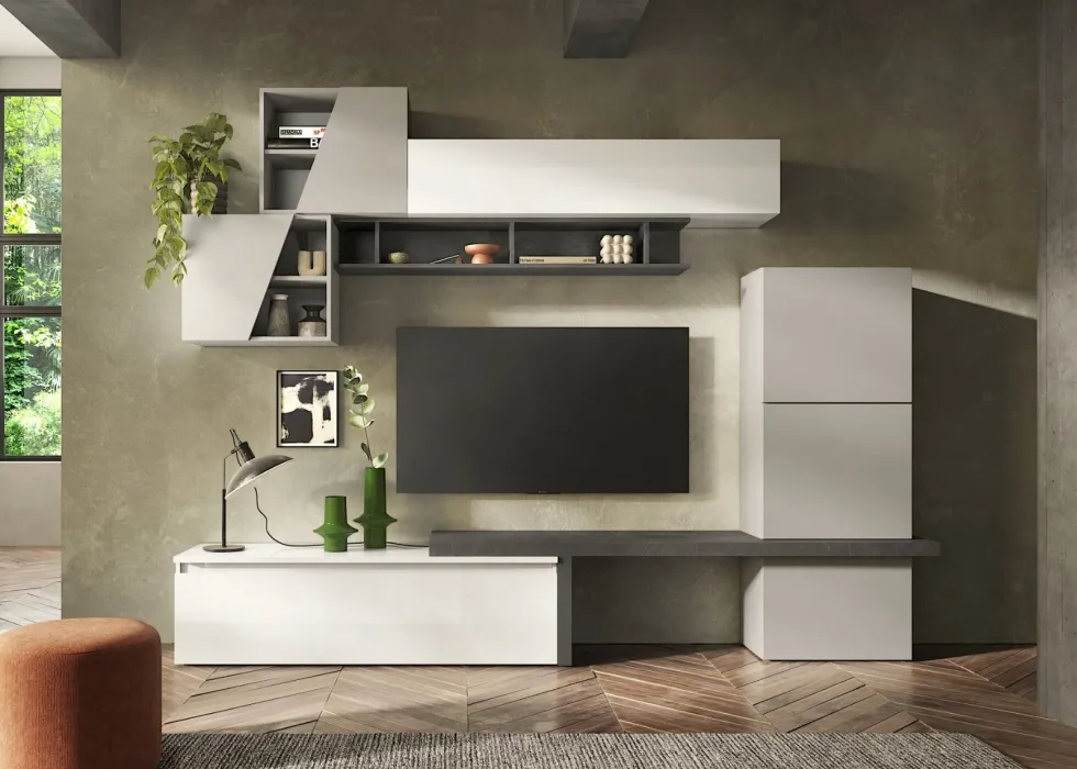 Parete attrezzata elegante 280x202 cm bianco lucido, grigio chiaro e piombo PAL64