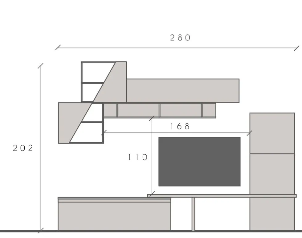 Parete attrezzata elegante 280x202 cm bianco lucido, grigio chiaro e piombo PAL64