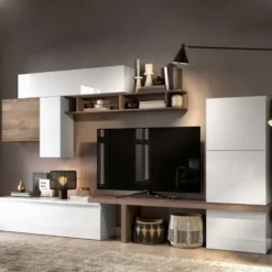 Parete attrezzata elegante 280x202 cm bianco lucido e noce PAL62