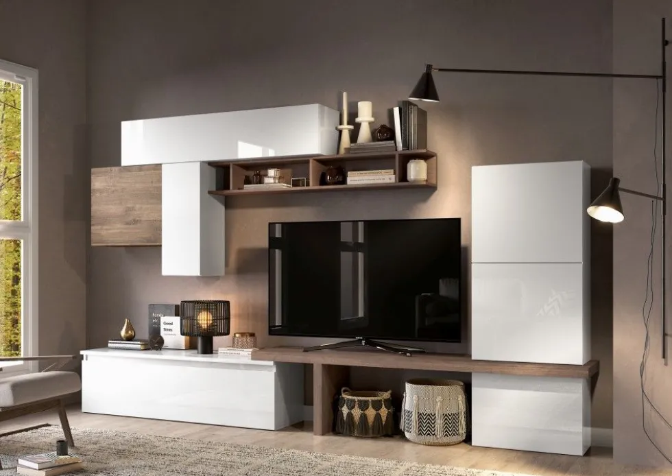 Parete attrezzata elegante 280x202 cm bianco lucido e noce PAL62