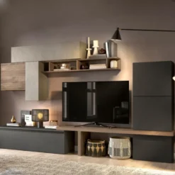 Parete attrezzata elegante 280x202 cm argilla, grafite e noce PAL62