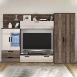 Parete attrezzata in stile scandinavo noce scuro e bianco lucido SG13
