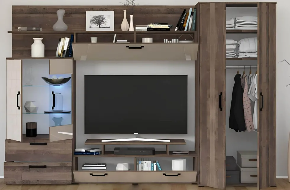 Parete attrezzata in stile scandinavo noce scuro e bianco lucido SG13
