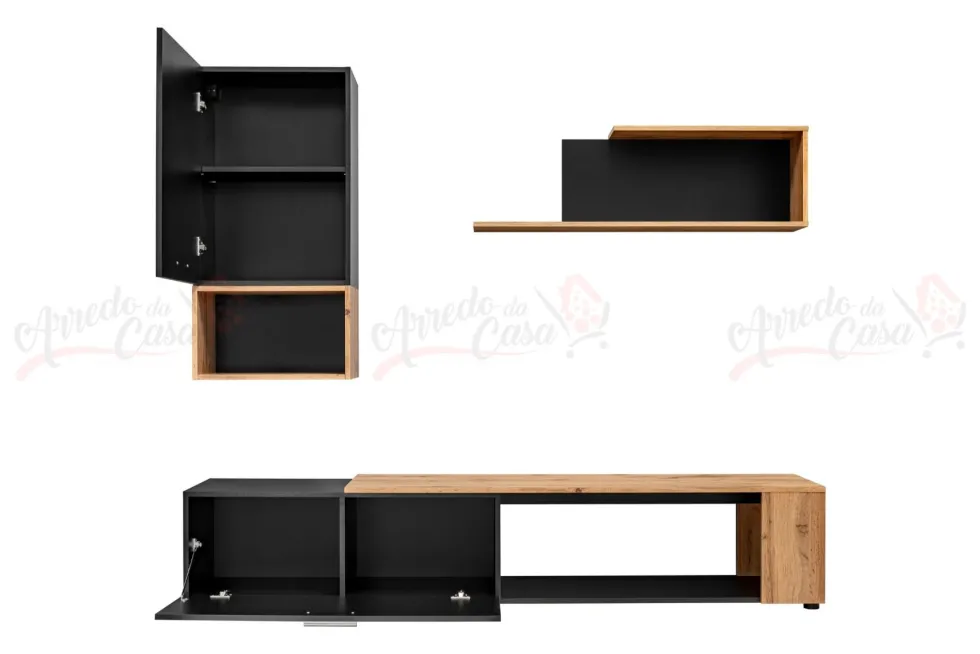 Parete attrezzata moderna antracite e rovere PAP139