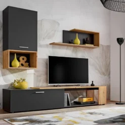 Parete attrezzata moderna antracite e rovere PAP139