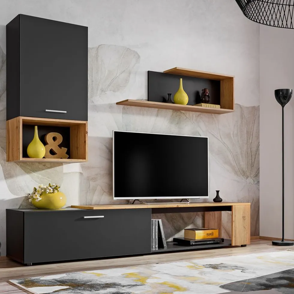 Parete attrezzata moderna antracite e rovere PAP139