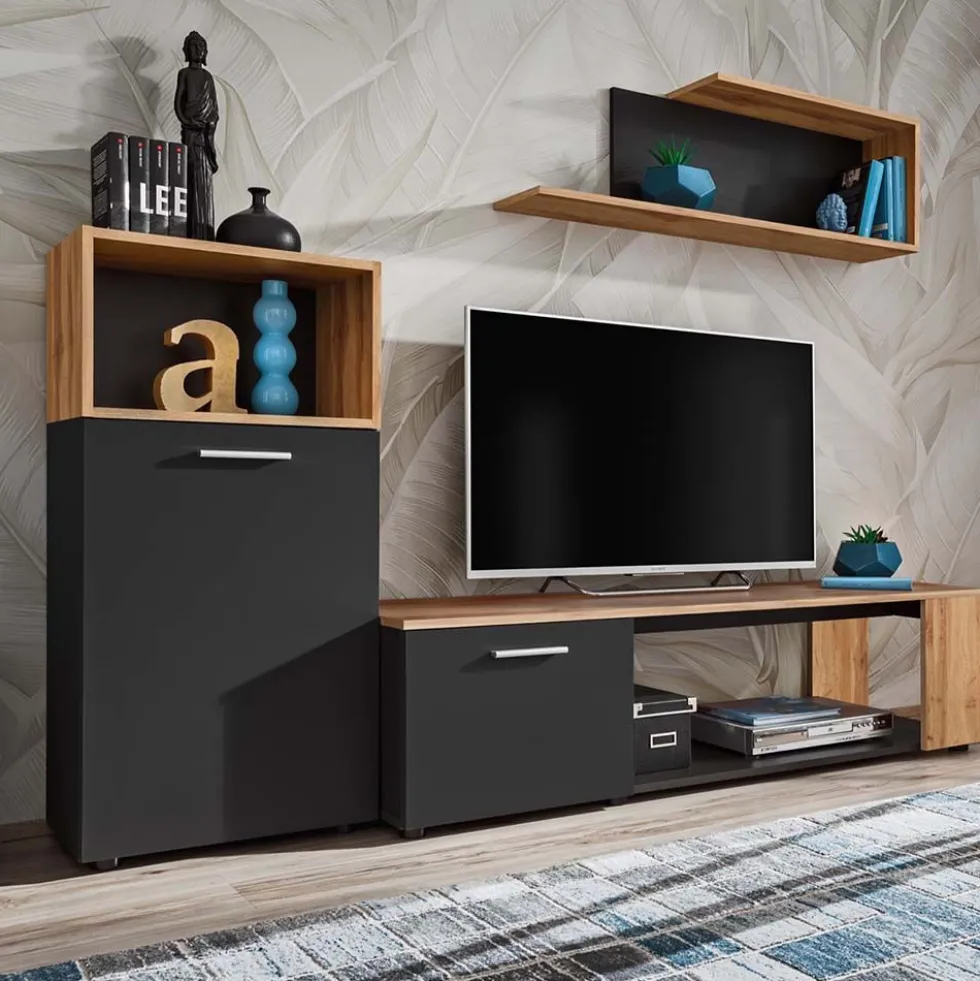 Parete attrezzata moderna antracite e rovere PAP138