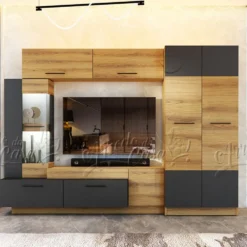 Parete attrezzata moderna con LED 130x102x37 cm in Rovere Naturale e Grafite SU42