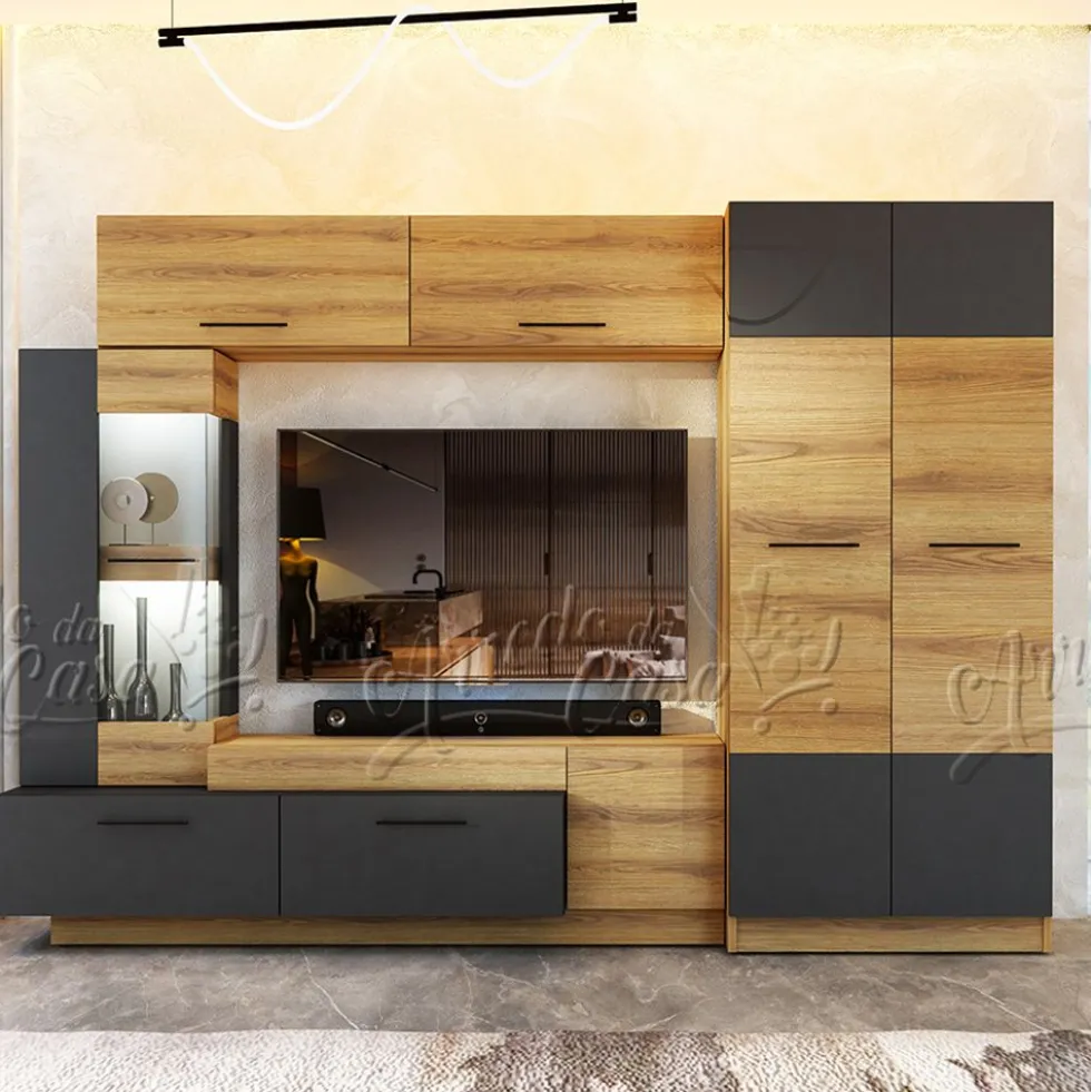 Parete attrezzata moderna con LED 130x102x37 cm in Rovere Naturale e Grafite SU42