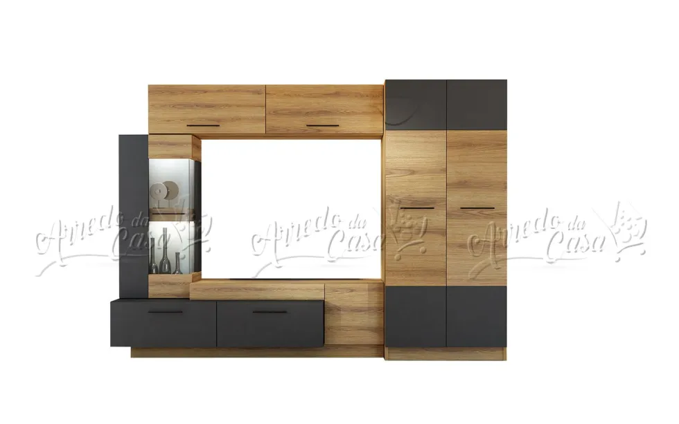 Parete attrezzata moderna con LED 130x102x37 cm in Rovere Naturale e Grafite SU42