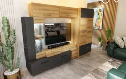 Parete attrezzata moderna con LED 130x102x37 cm in Rovere Naturale e Grafite SU42
