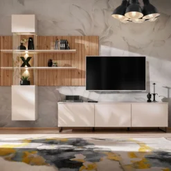 Parete attrezzata moderna con vetrina beige e rovere 280x200 PAP148