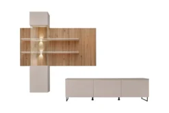 Parete attrezzata moderna con vetrina beige e rovere 280x200 PAP148