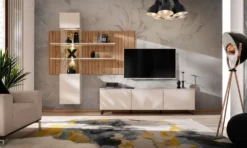 Parete attrezzata moderna con vetrina beige e rovere 280x200 PAP148