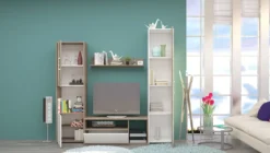 Parete attrezzata moderna con vetrinetta in rovere antico e bianco lucido SG28