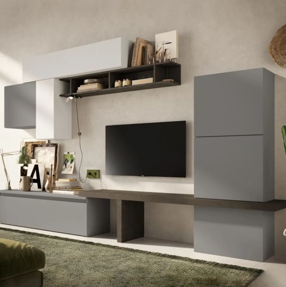 Parete attrezzata moderna con cubo pensile 295x192 cm grigio, grigio chiaro e piombo PAL15