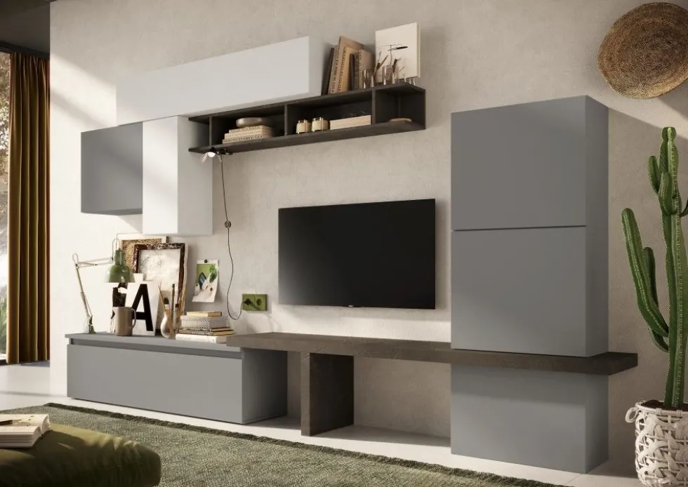 Parete attrezzata moderna con cubo pensile 295x192 cm grigio, grigio chiaro e piombo PAL15