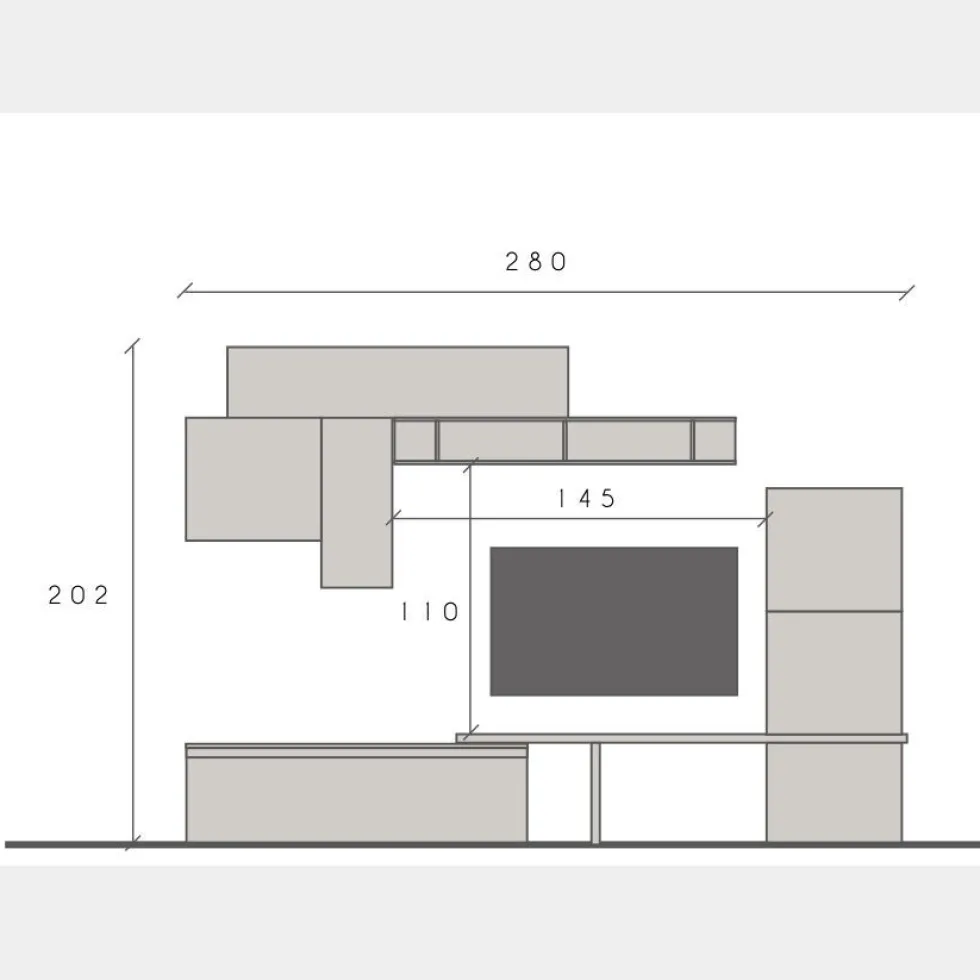 Parete attrezzata moderna con cubo pensile 295x192 cm grigio, grigio chiaro e piombo PAL15
