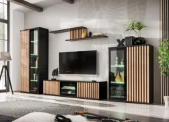 Parete attrezzata moderna per soggiorno nera e rovere 340x192 PAP155
