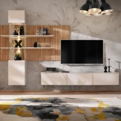 Parete attrezzata moderna sospesa con vetrina beige e rovere 280x180 PAP149