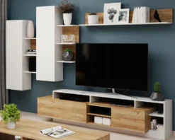 Parete attrezzata moderna 220x120 bianco con dettagli in rovere PALK1