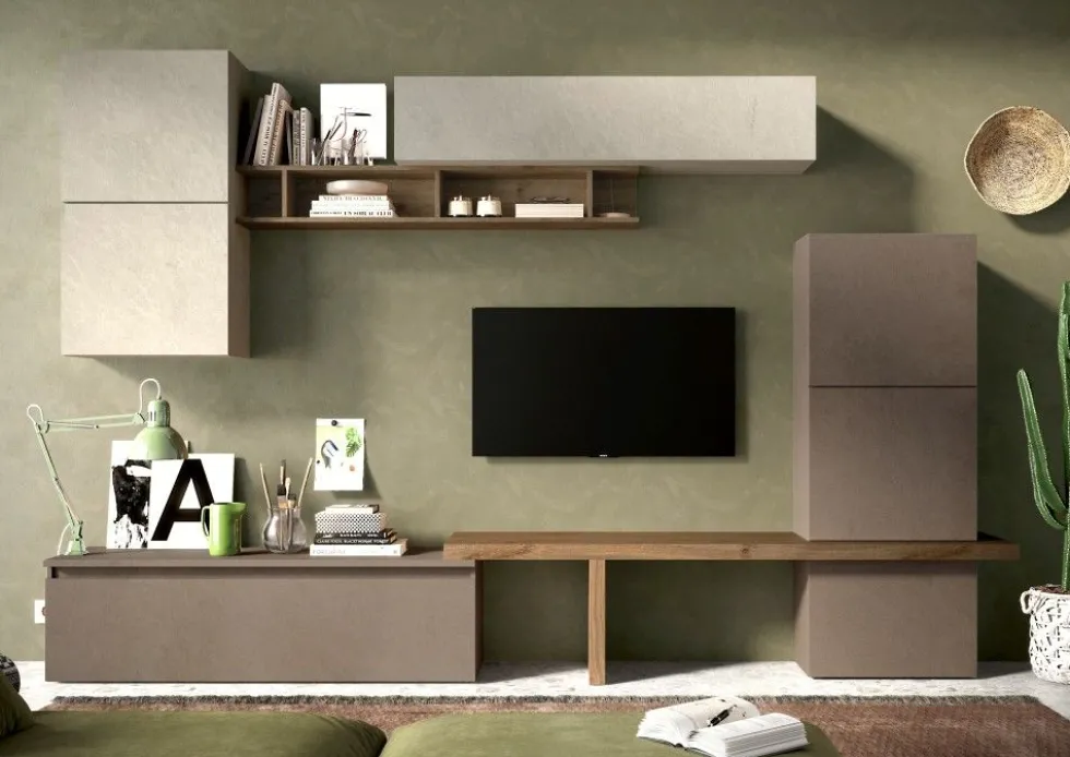 Parete attrezzata moderna 290x195 cm argilla, bronzo e noce PAL27