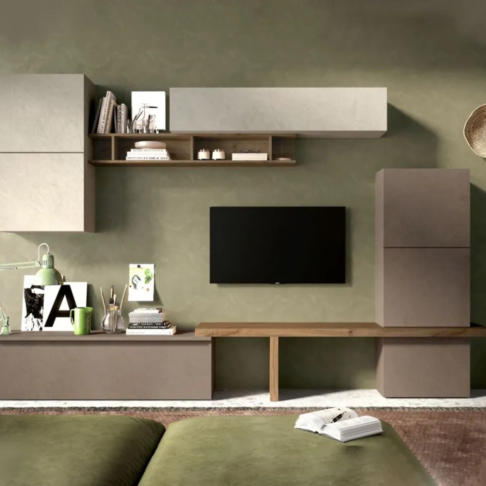 Parete attrezzata moderna 290x195 cm argilla, bronzo e noce PAL27