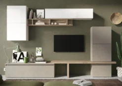 Parete attrezzata moderna 290x195 cm argilla, bianco lucido e rovere PAL27