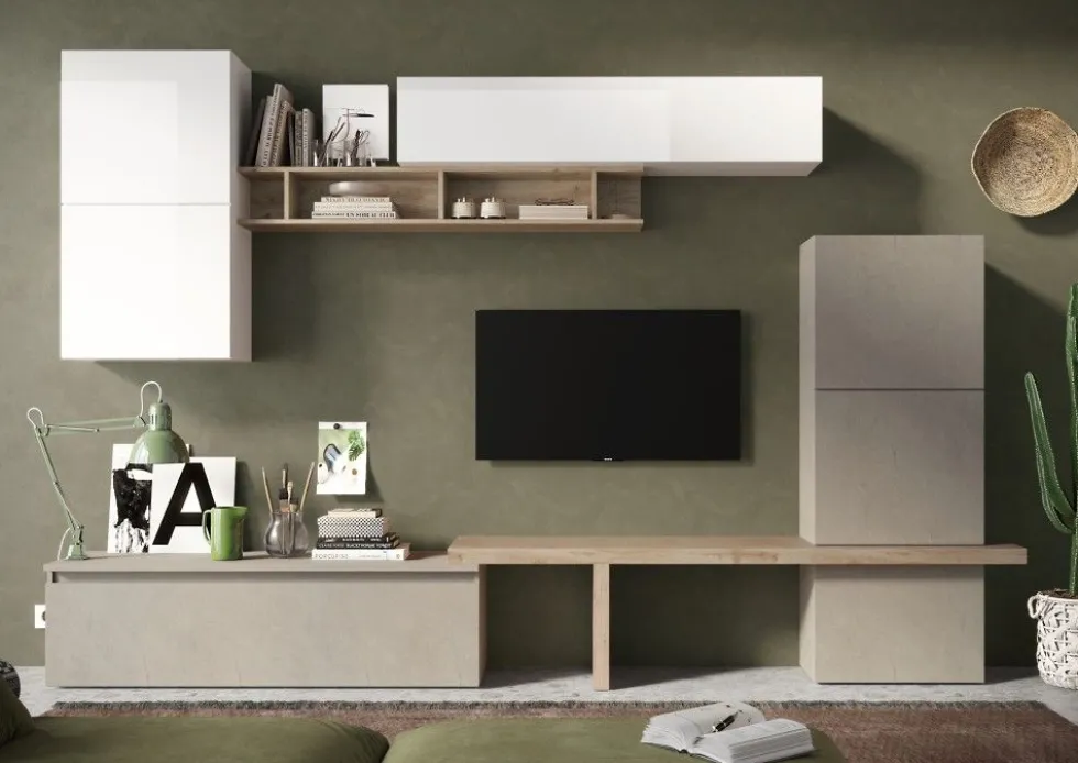 Parete attrezzata moderna 290x195 cm argilla, bianco lucido e rovere PAL27