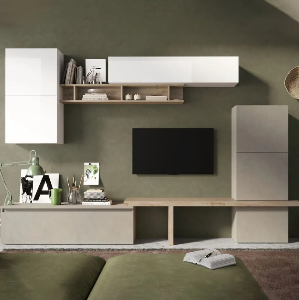 Parete attrezzata moderna 290x195 cm argilla, bianco lucido e rovere PAL27