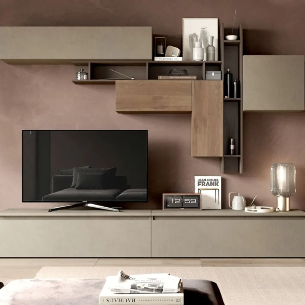 Parete attrezzata moderna 276x200 cm argilla bronzo e noce PAL14
