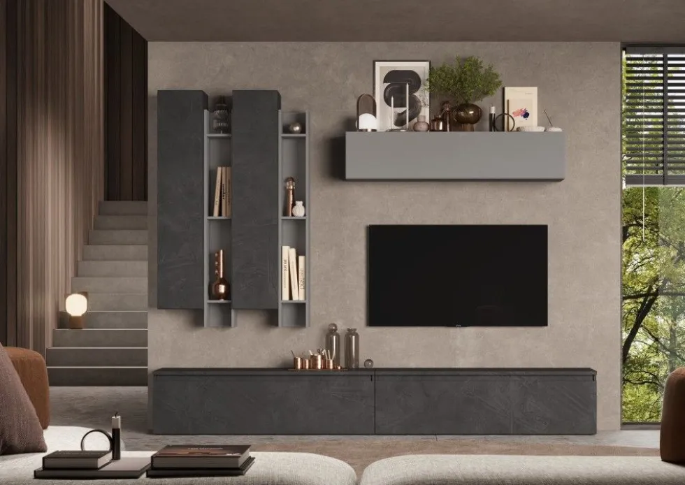 Parete attrezzata moderna 276x210 cm piombo e grigio PAL13