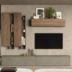 Parete attrezzata moderna 276x210 cm argilla e noce PAL13