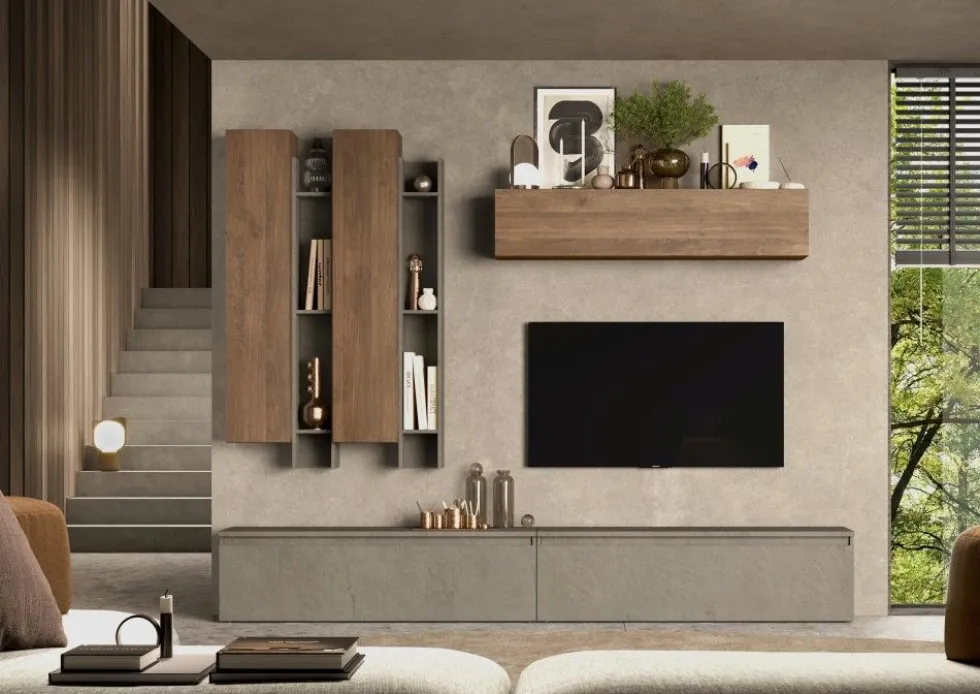 Parete attrezzata moderna 276x210 cm argilla e noce PAL13