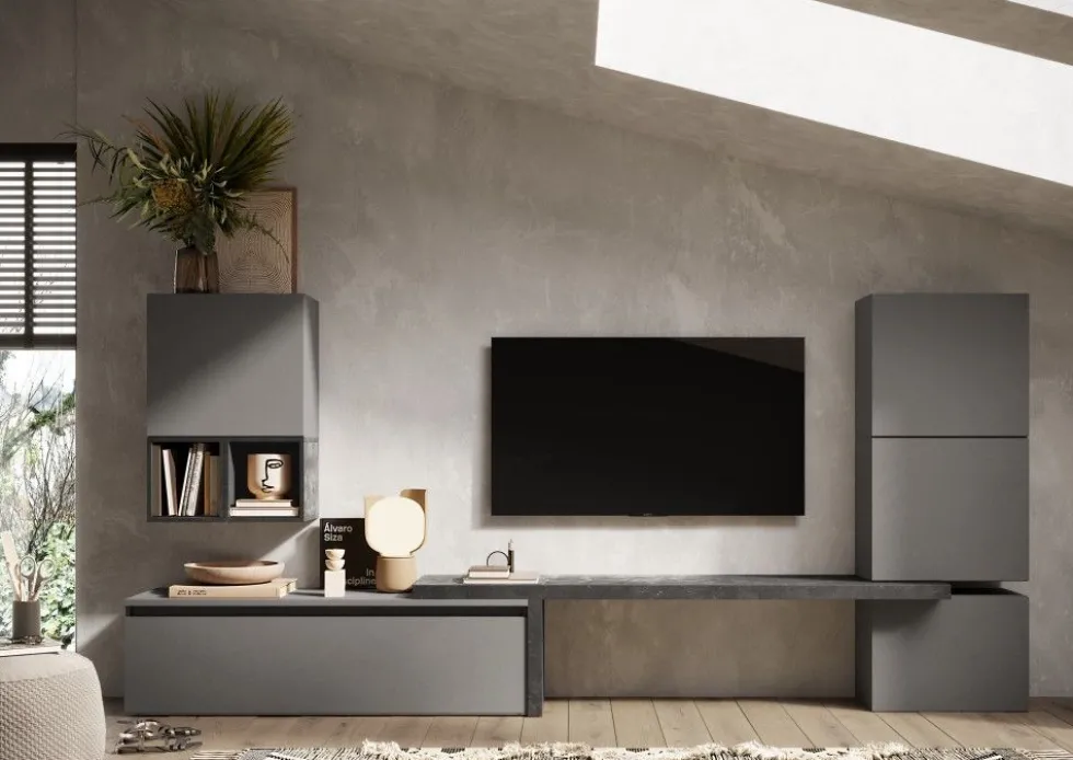 Parete attrezzata moderna 290x140 cm grigio e piombo PAL26