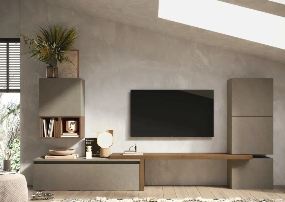 Parete attrezzata moderna 290x140 cm argilla e noce PAL26