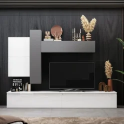 Parete attrezzata moderna 276x190 cm grigio e bianco lucido PAL16