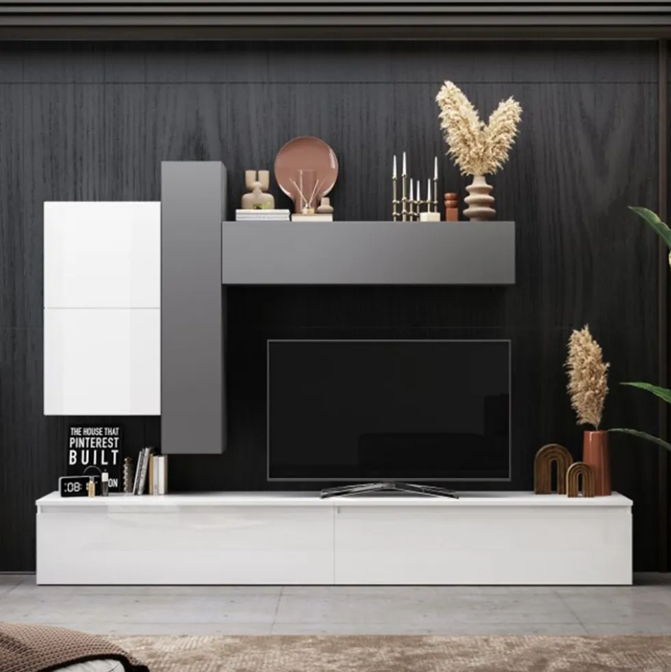 Parete attrezzata moderna 276x190 cm grigio e bianco lucido PAL16