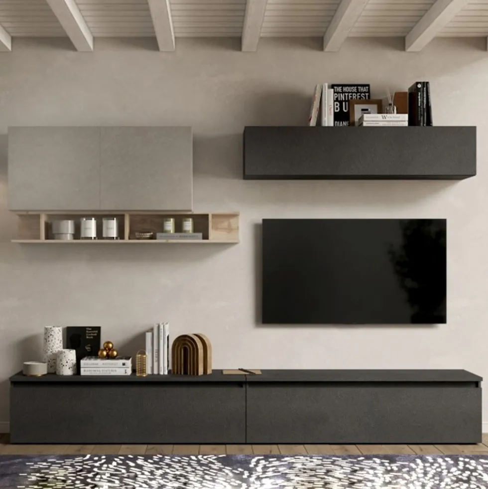 Parete attrezzata moderna 276x200 cm argilla/rovere/grafite PAL35