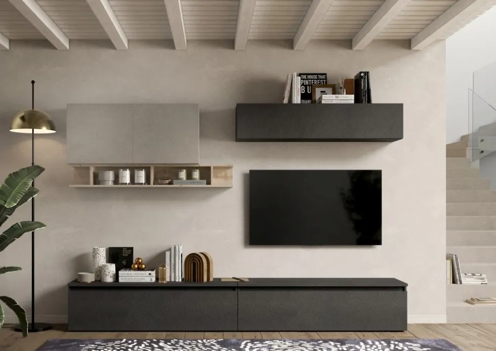 Parete attrezzata moderna 276x200 cm argilla/rovere/grafite PAL35
