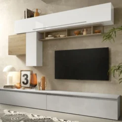 Parete attrezzata moderna 276x187 cm bianco lucido, grigio chiaro e rovere PAL25