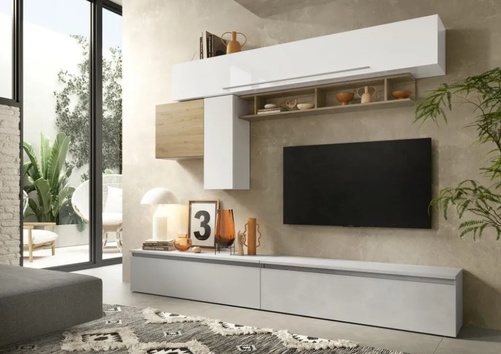 Parete attrezzata moderna 276x187 cm bianco lucido, grigio chiaro e rovere PAL25